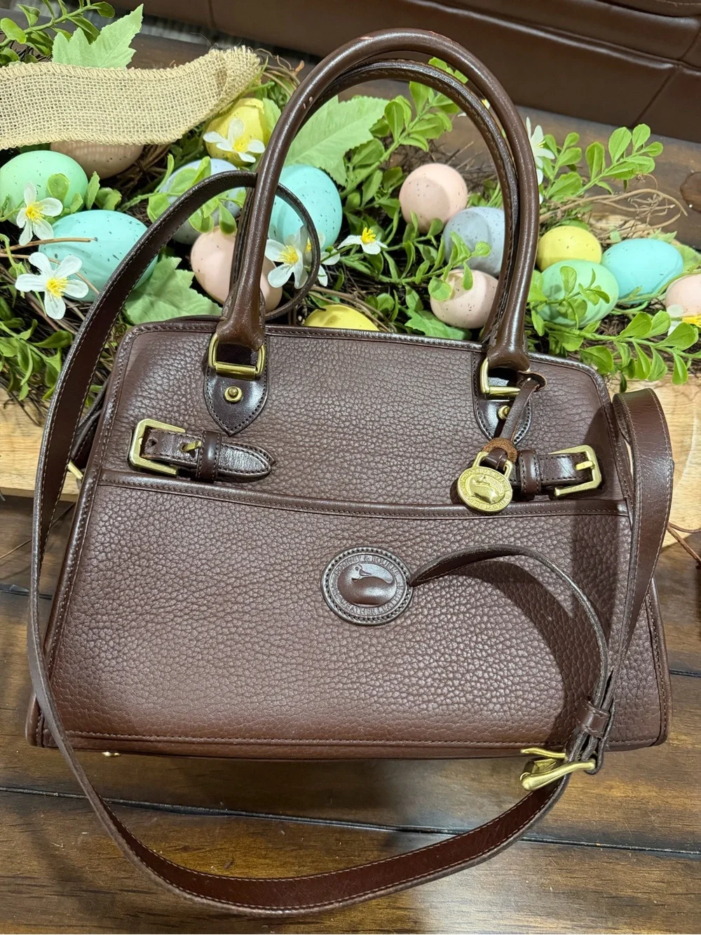 Dooney & Bourke Brown Pebble Leather Satchel with Gold Hardware